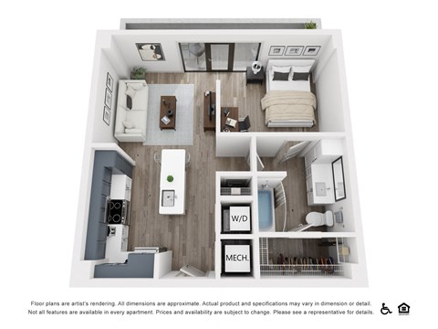 Floor plan for 1 bed, 1 bath, 632 sqft